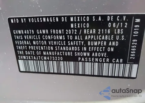 2012 Volkswagen Jetta 2.0L S from USA, damaged, VIN 3VW2K7AJ7CM473220